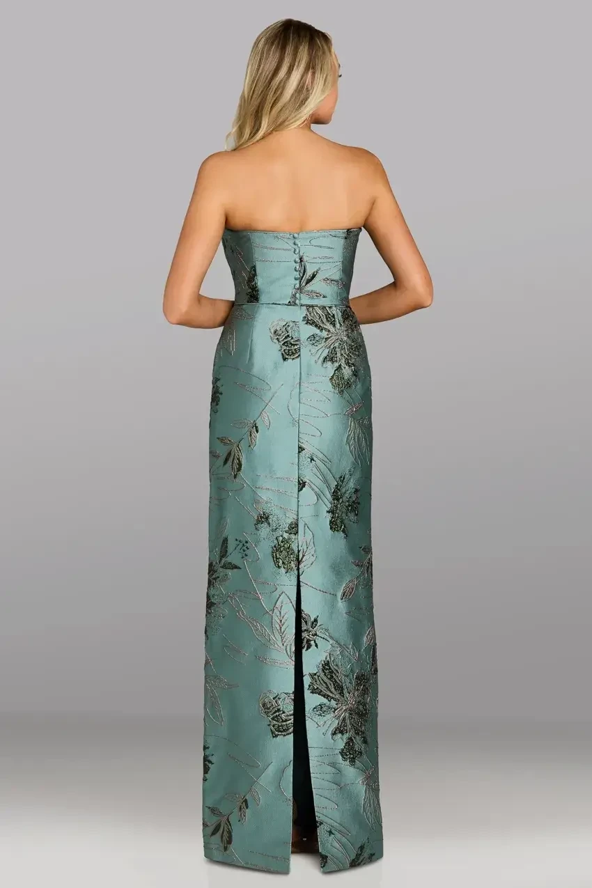 model is wearing a strapless blue mothers dress