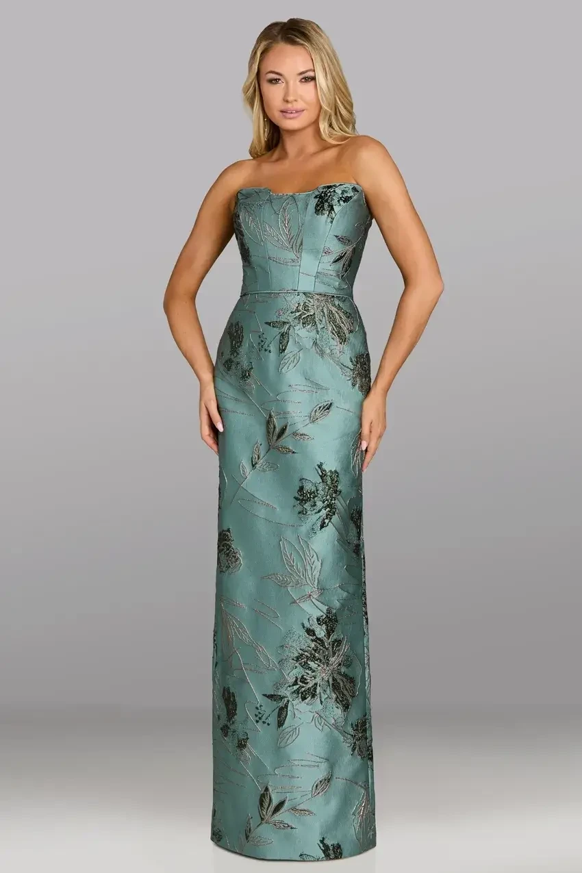 model is wearing a strapless blue mothers dress