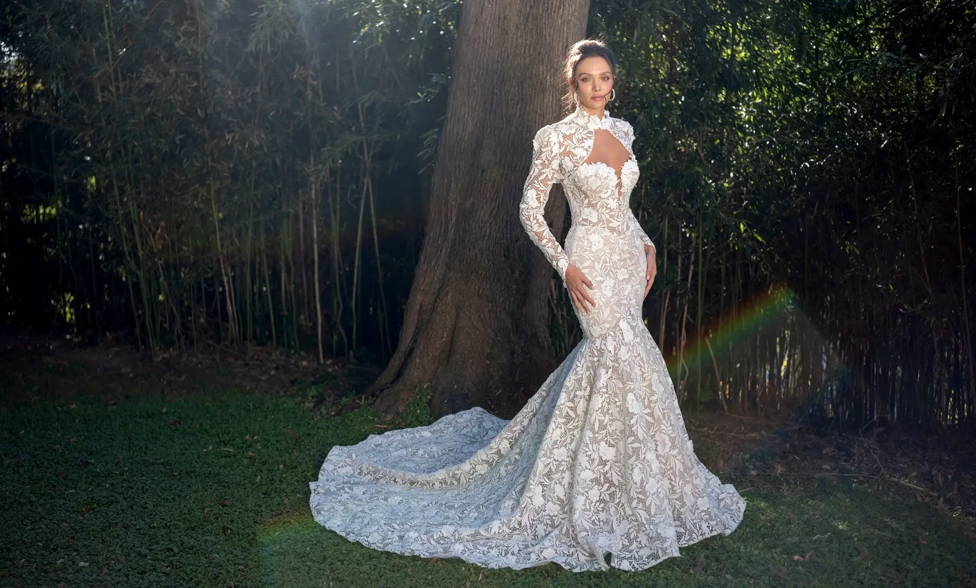 A woman in an intricate lace wedding gown stands gracefully by a tree in a lush garden. Sunlight casts a soft glow, creating a romantic, serene tone.