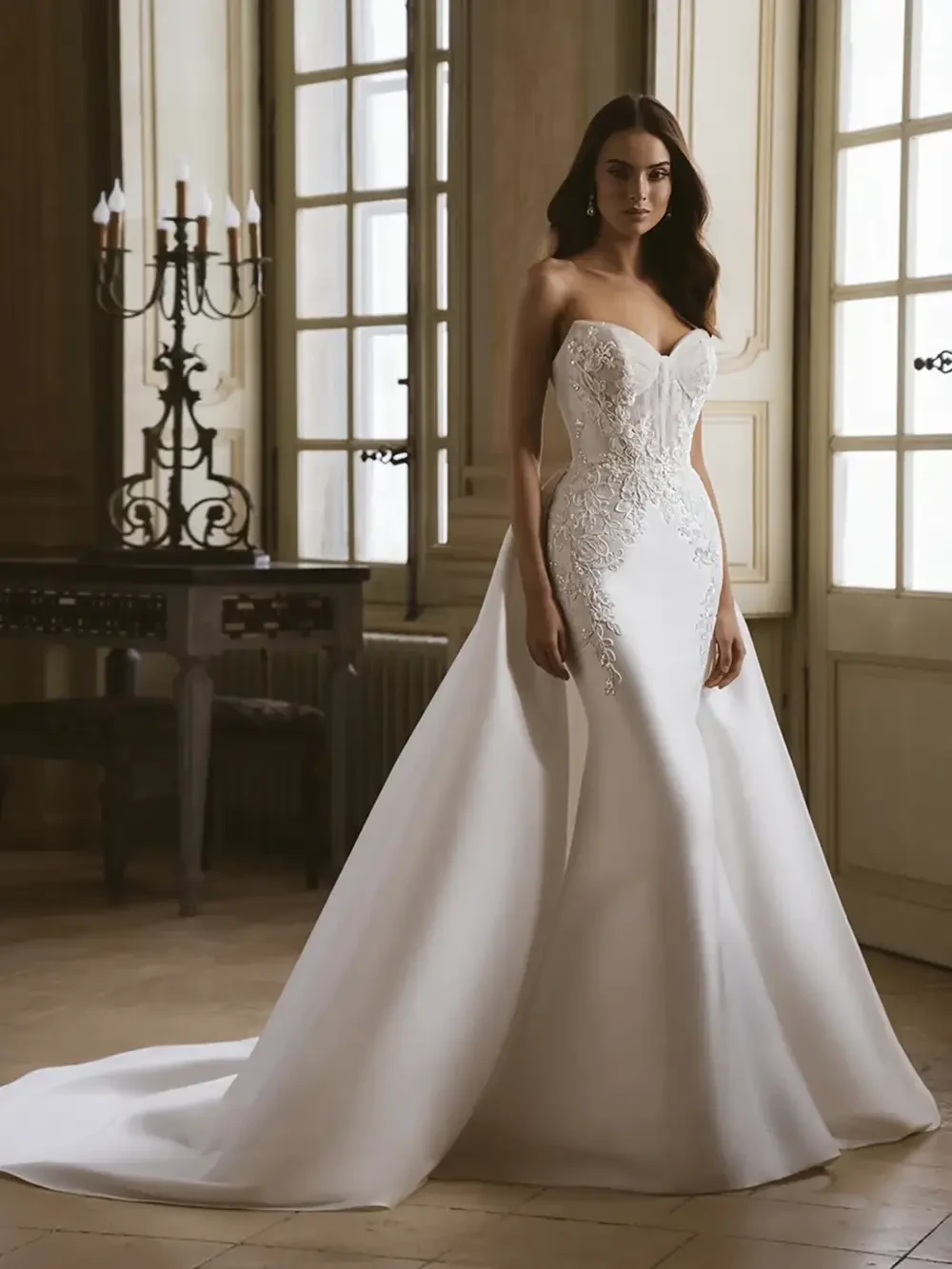 A bride wearing a white strapless wedding gown with intricate lace detailing, standing elegantly in a bright room with large windows.