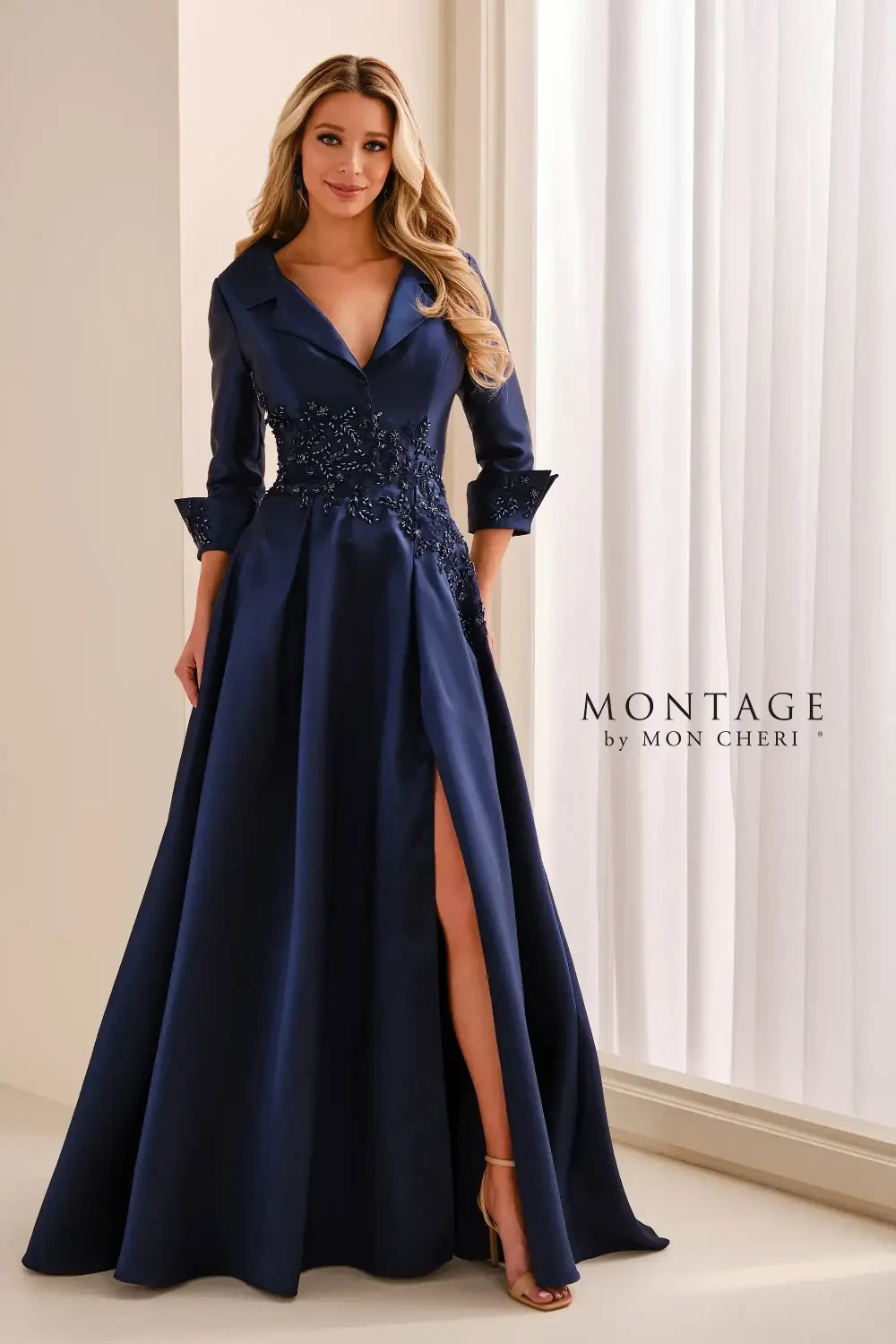 model is wearing a quarter sleeve mothers dress