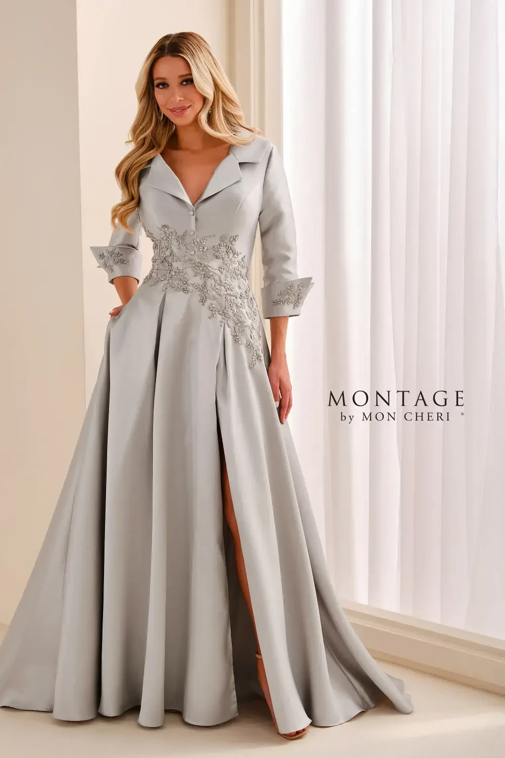 model is wearing a quarter sleeve mothers dress