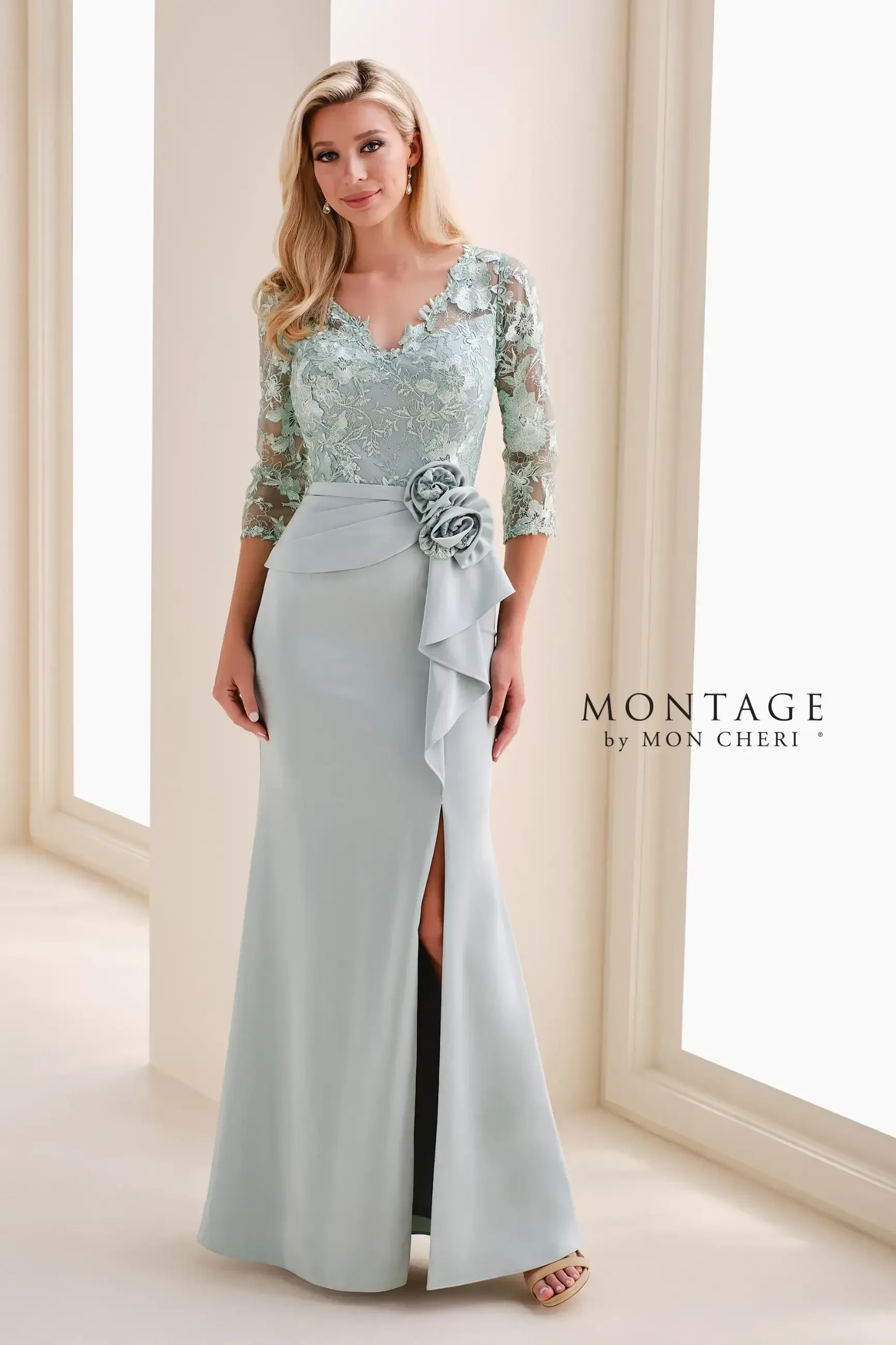 model is wearing a quarter sleeve mothers dress in light blue 